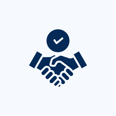 Handshake icon with check mark above.