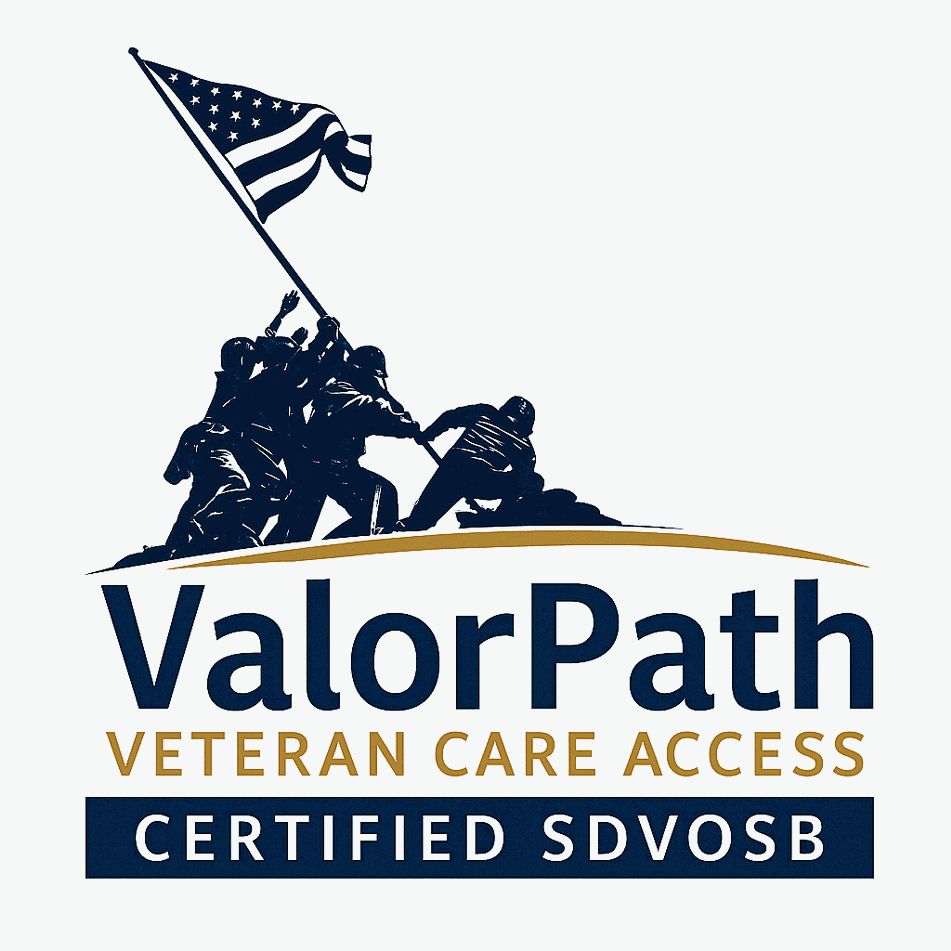 Logo with soldiers raising a flag and text ValorPath Veteran Care Access.