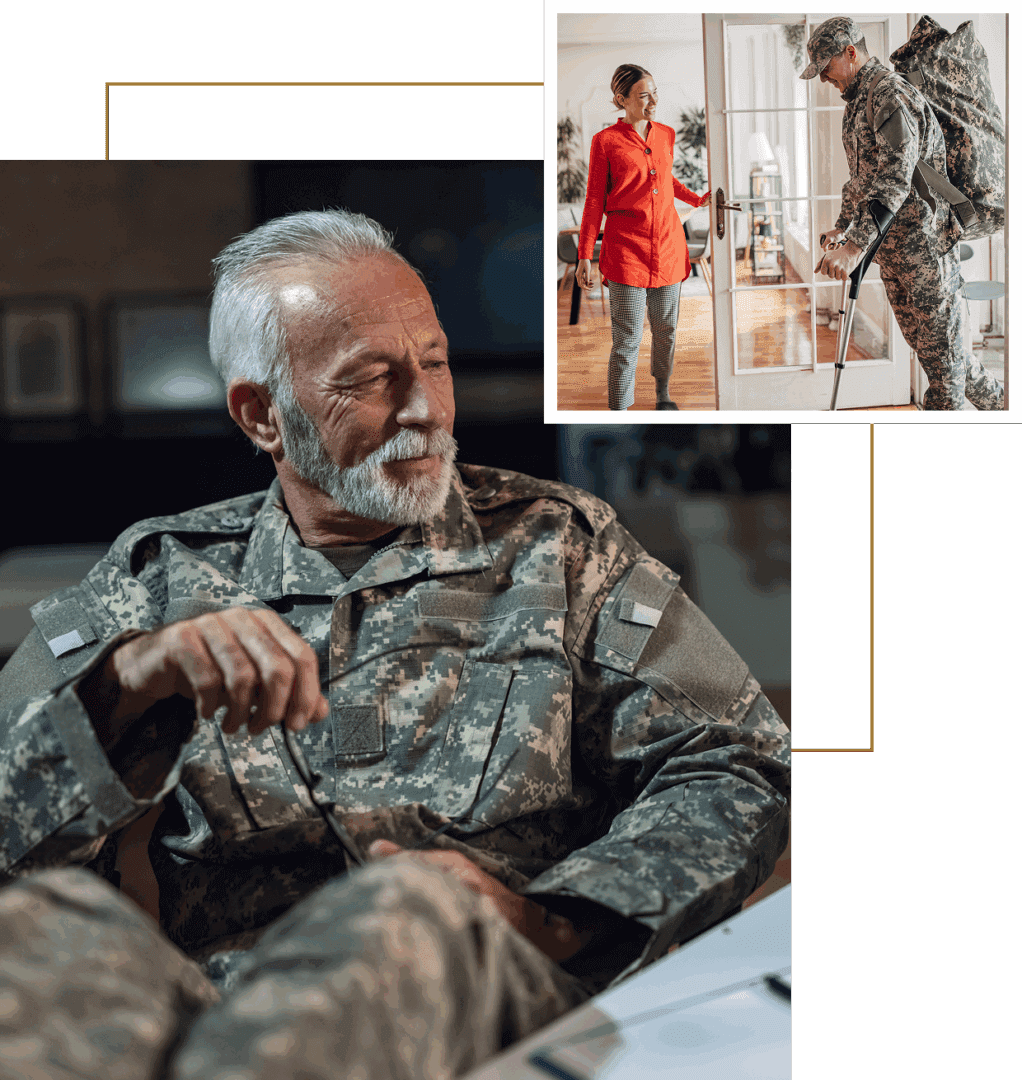 Elderly veteran in uniform, younger soldier enters.