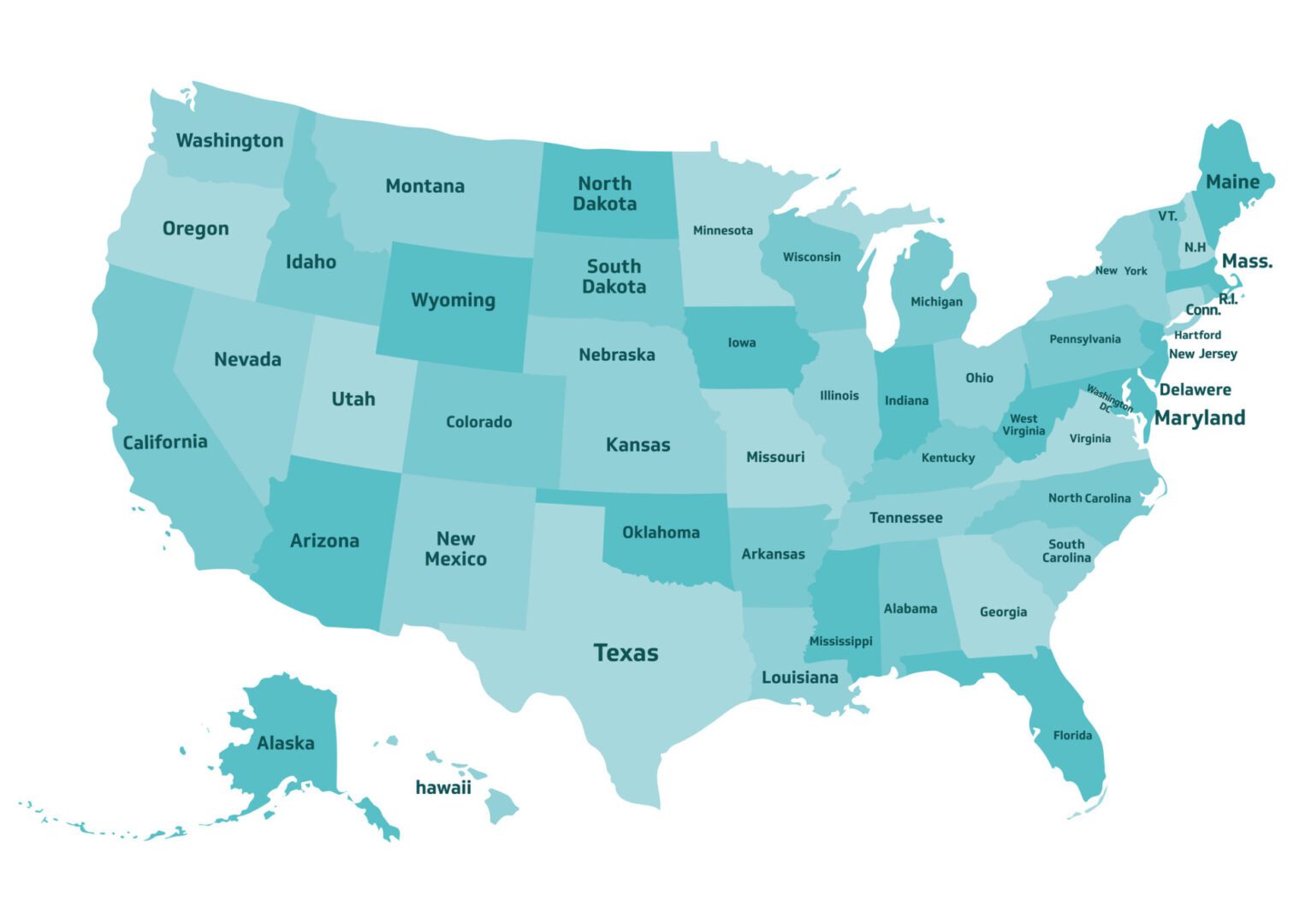Map of the United States with state names labeled in light blue.