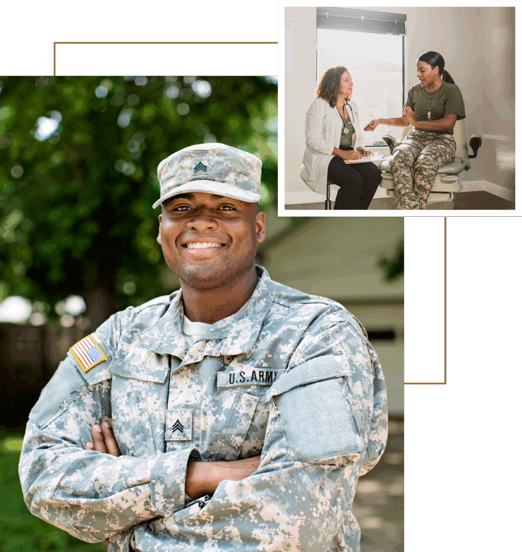 A smiling soldier posing outdoors with a smaller image of a soldier counseling a woman.