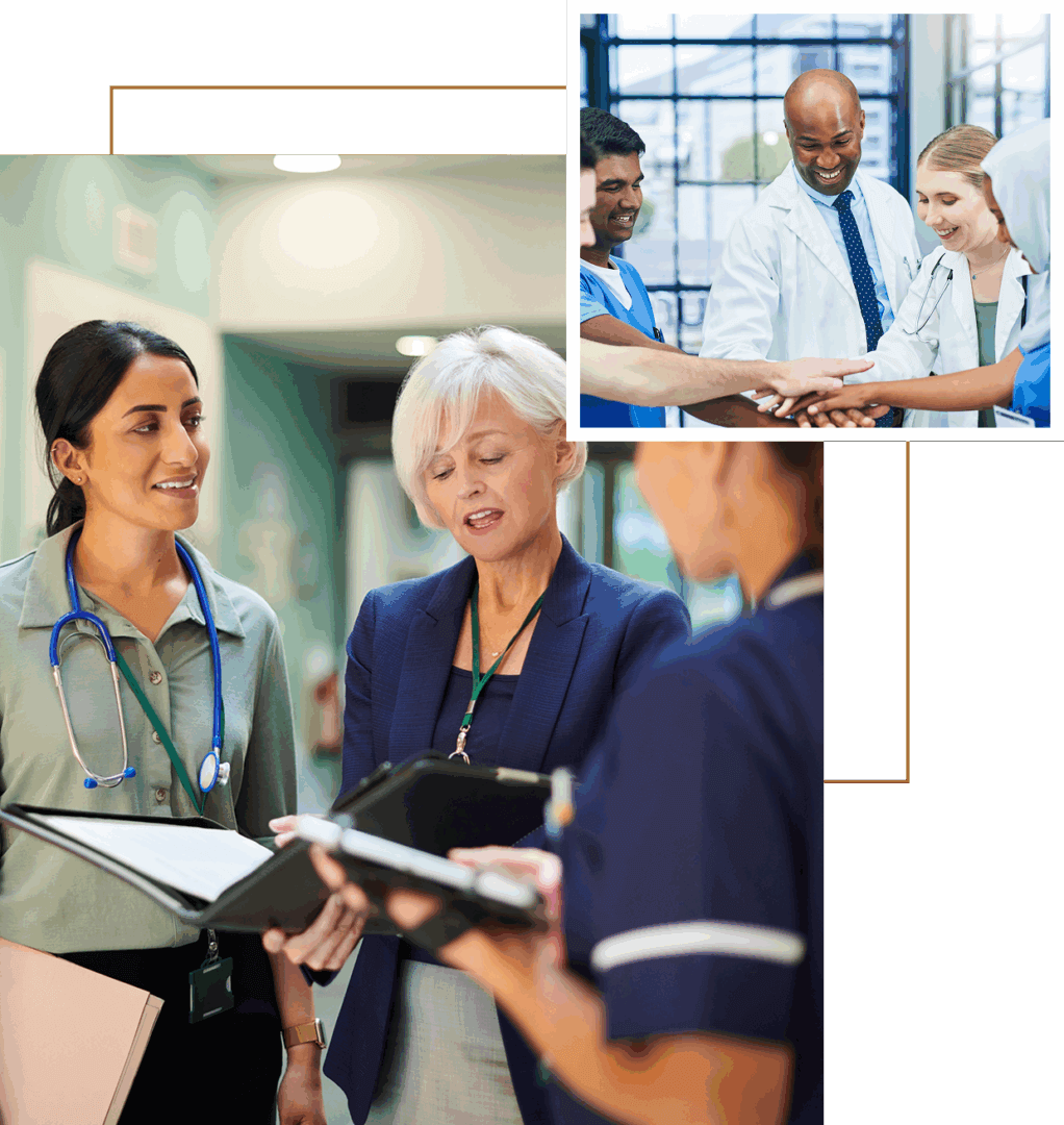 Healthcare professionals discussing patient care in a hospital setting.
