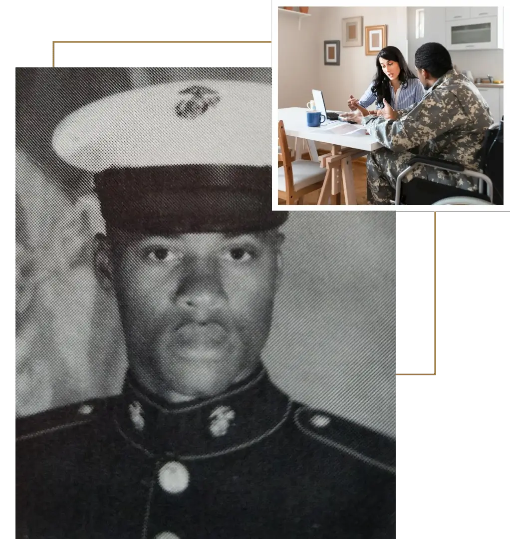 Black and white portrait of a Marine with an inset of two people sewing.