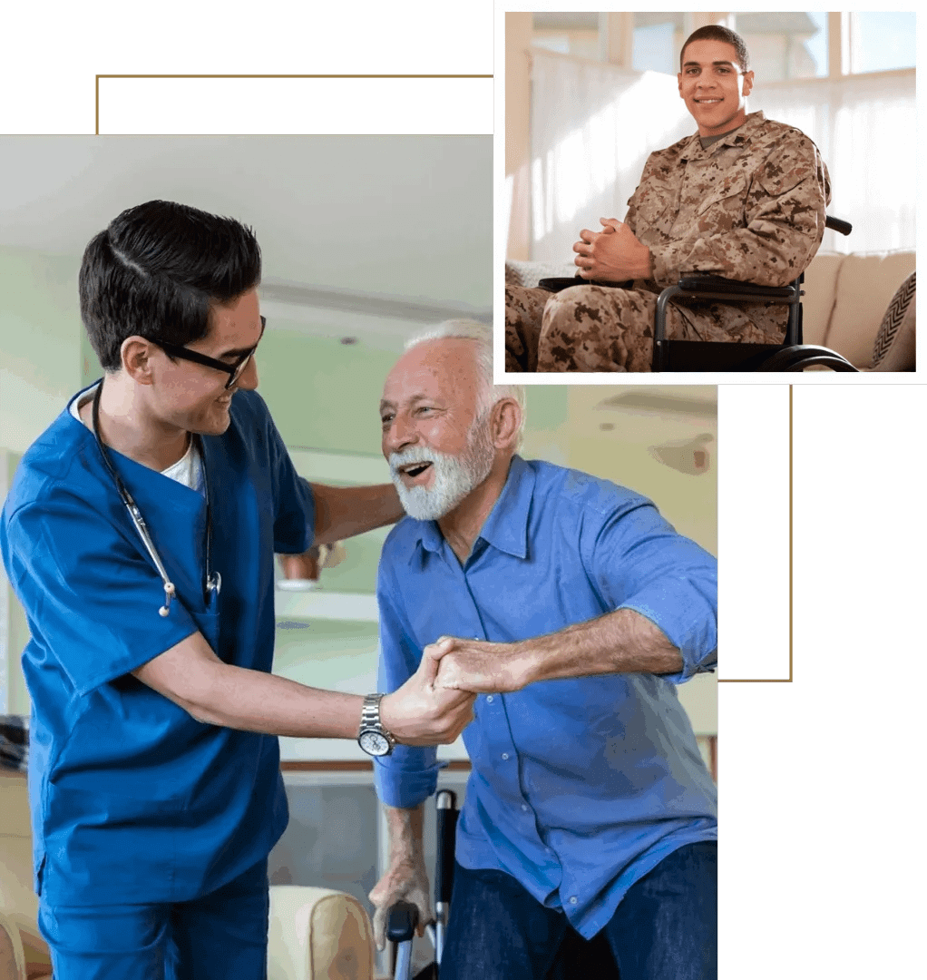 Nurse assisting elderly man; soldier in wheelchair.